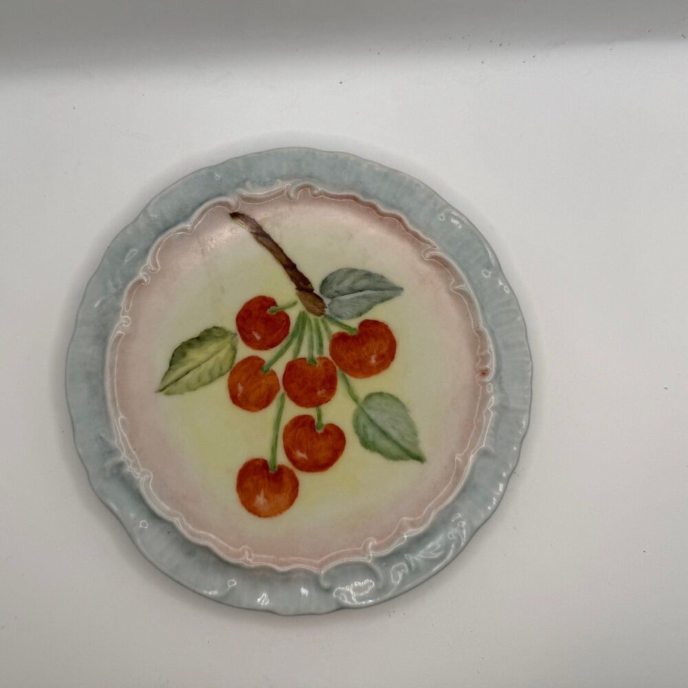 Vintage Hand Painted Porcelain Plate Set Stacked Cherry Motif Ruffled Fluted Edg